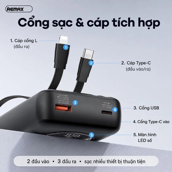 Pin dự phòng REMAX RPP-38 20000mAh Pinjur Series PD+QC - đen