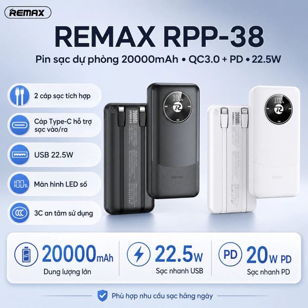 Pin dự phòng REMAX RPP-38 20000mAh Pinjur Series PD+QC - đen