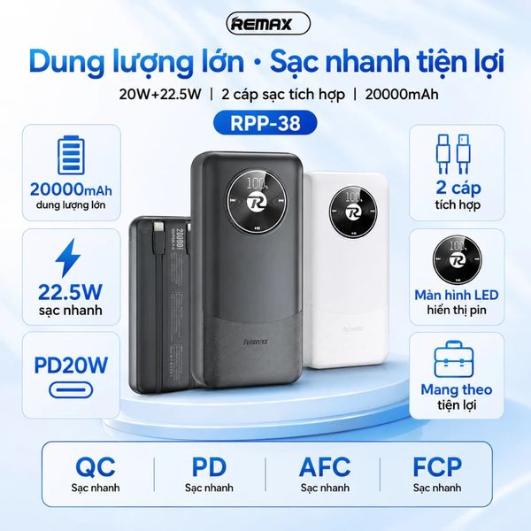 Pin dự phòng REMAX RPP-38 20000mAh Pinjur Series PD+QC - đen