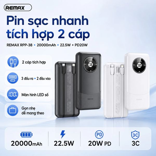 Pin dự phòng REMAX RPP-38 20000mAh Pinjur Series PD+QC - Trắng