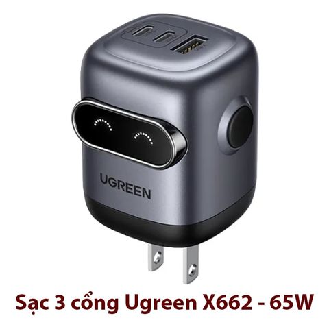 Sạc điện thoại 3 cổng USB-C và USB-A GaN 65W màu đen xám tạo hình robot chân cắm dẹt Ugreen (45001)