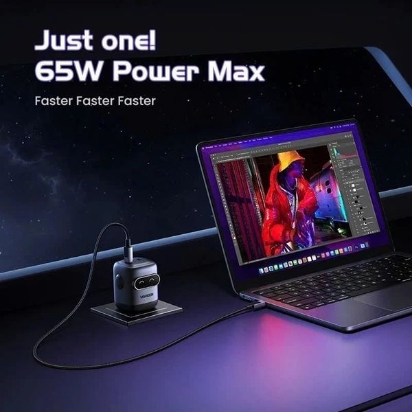 Sạc điện thoại 3 cổng USB-C và USB-A GaN 65W màu đen xám tạo hình robot chân cắm dẹt Ugreen (45001)
