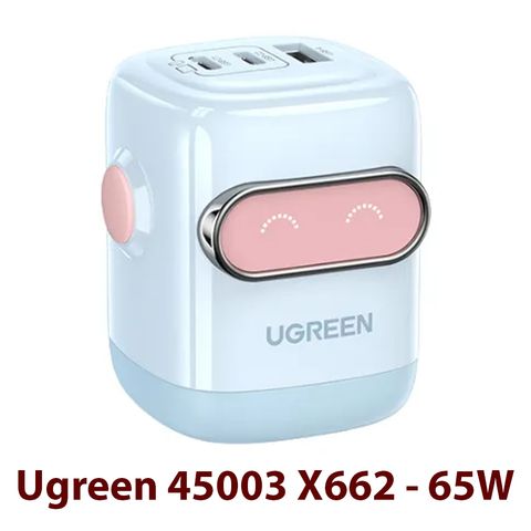 Sạc điện thoại 3 cổng USB-C và USB-A GaN 65W màu hồng tạo hình robot chân cắm dẹt Ugreen (45003)