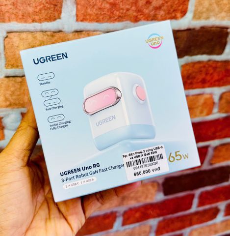 Sạc điện thoại 3 cổng USB-C và USB-A GaN 65W màu hồng tạo hình robot chân cắm dẹt Ugreen (45003)