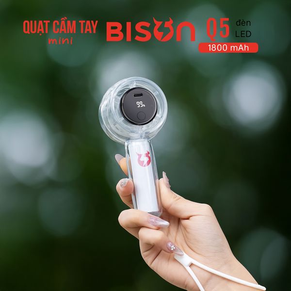 Quạt cầm tay Bison Q5 mini, nhỏ gọn, tích điện 1800mAh, sạc type C, 100 tốc độ gió