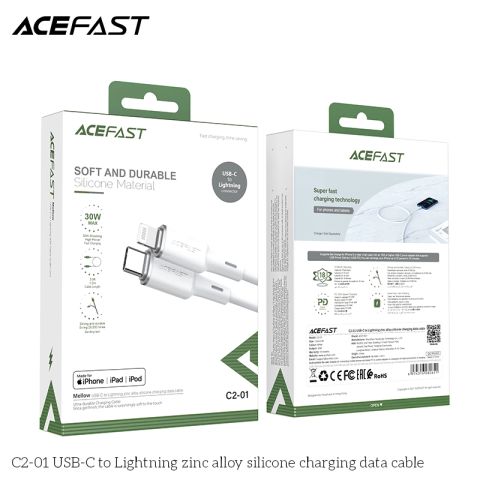 Cáp truyền dữ liệu, sạc các thiết bị di động (iPhone, iPad…) Acefast C2-01, USB-C to Lightning MFI , bọc sillicone, đã lắp đầu nối điện,không lưu trữ dữ liệu, dài 1.2m, điện áp 5v, hãng sx: Acefast #6974316280651