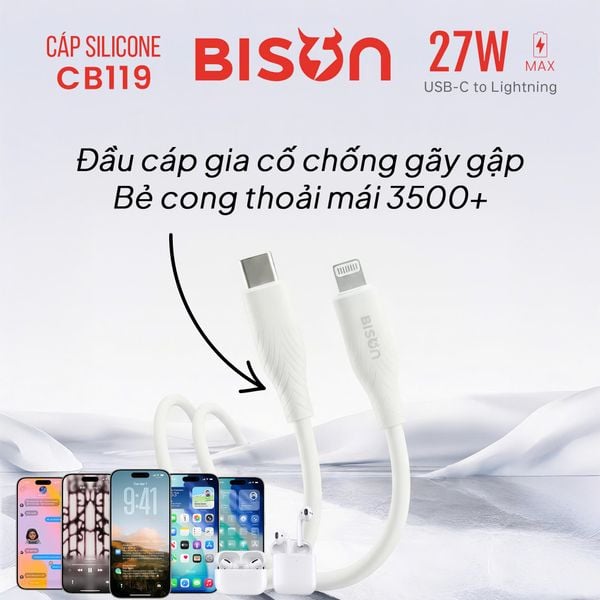 Cable Bison Silicone CB119 Trắng C-L 27W