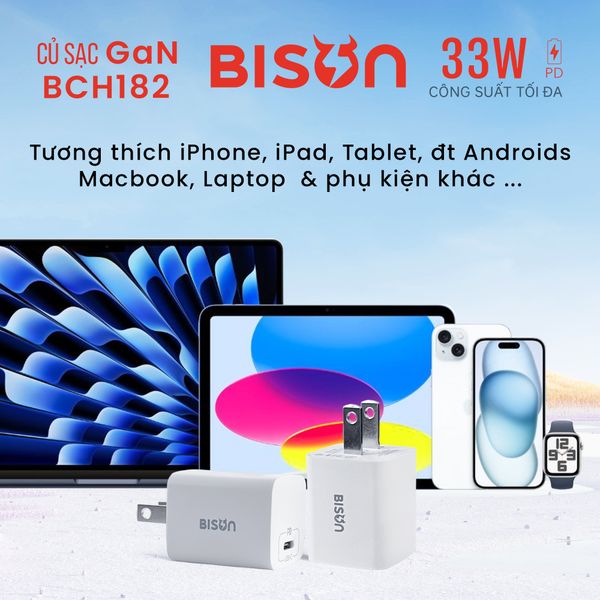 Cóc sạc nhanh Bison 33W Mini GaN (BCH182 - Trắng)