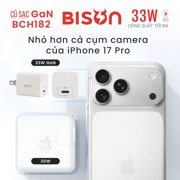 Cóc sạc nhanh Bison 33W Mini GaN (BCH182 - Trắng)