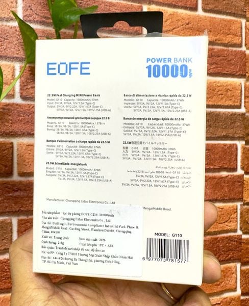 Pin sạc dự phòng 10000mAh, 22.5W, EOFE,  Model: G110  (Pin lithium -ion)