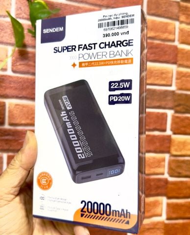 Pin sạc dự phòng, 20000mAh, hiệu: SENDEM, 22.5W, Model: PH82 (Pin Lithium- polymer)