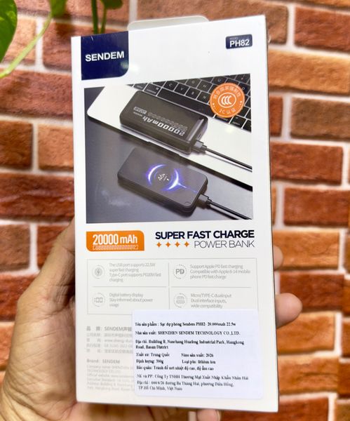 Pin sạc dự phòng, 20000mAh, hiệu: SENDEM, 22.5W, Model: PH82 (Pin Lithium- polymer)