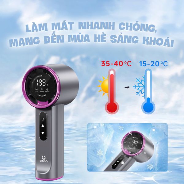 Quạt cầm tay Bison BSU7 cao cấp, tích điện 4000mAh, sạc type C, 199 tốc độ gió