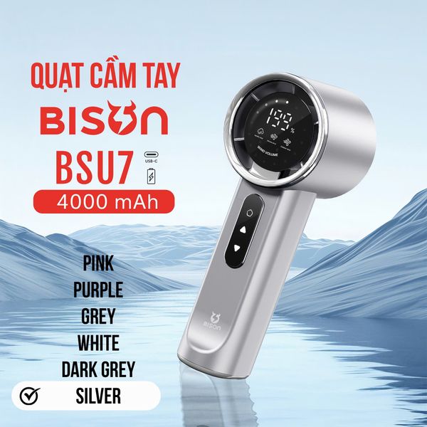 Quạt cầm tay Bison BSU7 cao cấp, tích điện 4000mAh, sạc type C, 199 tốc độ gió