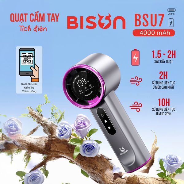 Quạt cầm tay Bison BSU7 cao cấp, tích điện 4000mAh, sạc type C, 199 tốc độ gió