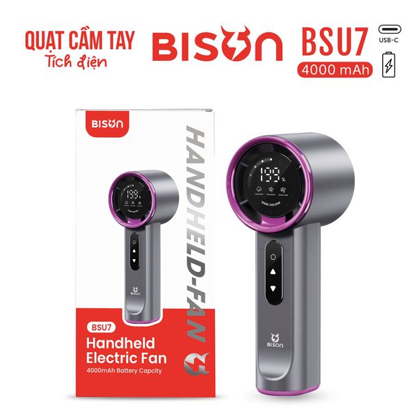 Quạt cầm tay Bison BSU7 cao cấp, tích điện 4000mAh, sạc type C, 199 tốc độ gió