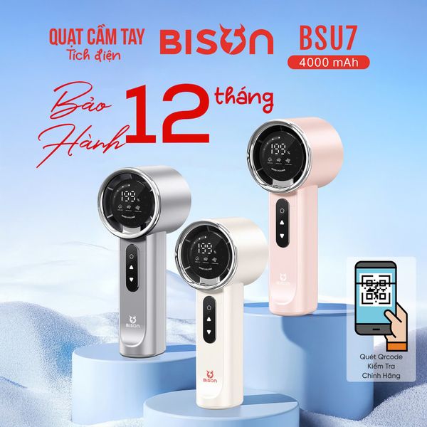 Quạt cầm tay Bison BSU7 cao cấp, tích điện 4000mAh, sạc type C, 199 tốc độ gió