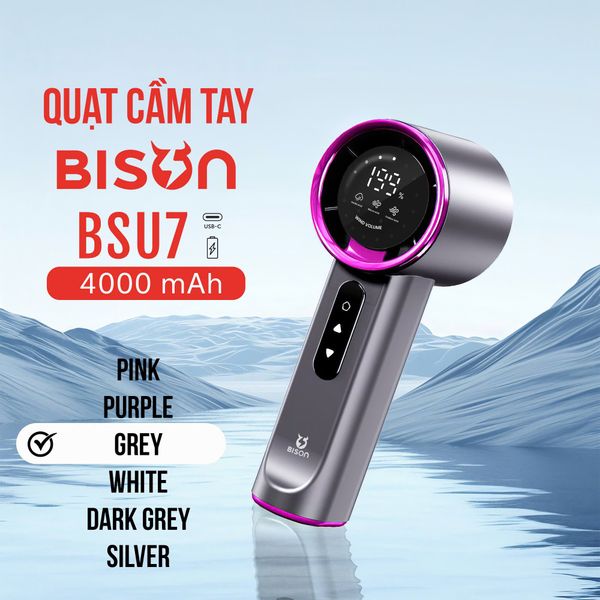 Quạt cầm tay Bison BSU7 cao cấp, tích điện 4000mAh, sạc type C, 199 tốc độ gió