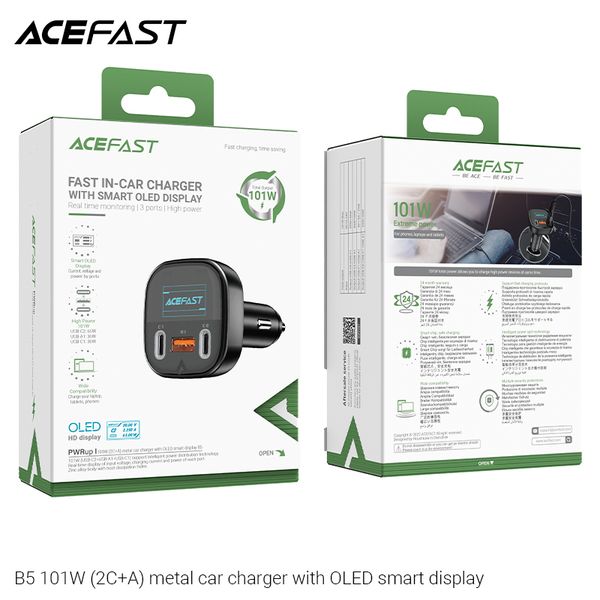 Sạc ô tô Acefast B5, công suất 101w, 3 cổng (2 x USB-C + USB-A), điện áp 5-20v, hỗ trợ sạc nhanh Power Delivery, dùng cho thiết bị di động, hãng sx: Acefast #6974316281436