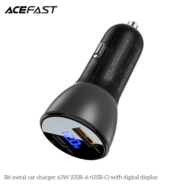 Sạc ô tô Acefast B6, công suất 63w, 2 cổng (USB-A + USB-C), điện áp 5-20v, hỗ trợ sạc nhanh Power Delivery, dùng cho thiết bị di động, hãng sx: Acefast #6974316280972