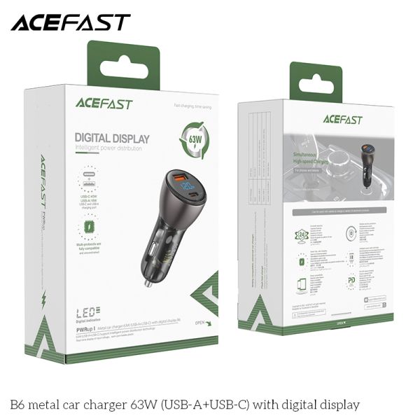 Sạc ô tô Acefast B6, công suất 63w, 2 cổng (USB-A + USB-C), điện áp 5-20v, hỗ trợ sạc nhanh Power Delivery, dùng cho thiết bị di động, hãng sx: Acefast #6974316280972