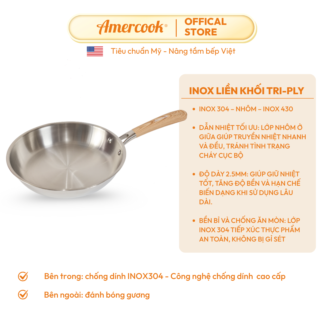 Chảo inox304 Aristo Natural AMERCOOK 20cm 26cm - Chảo inox chống dính ...