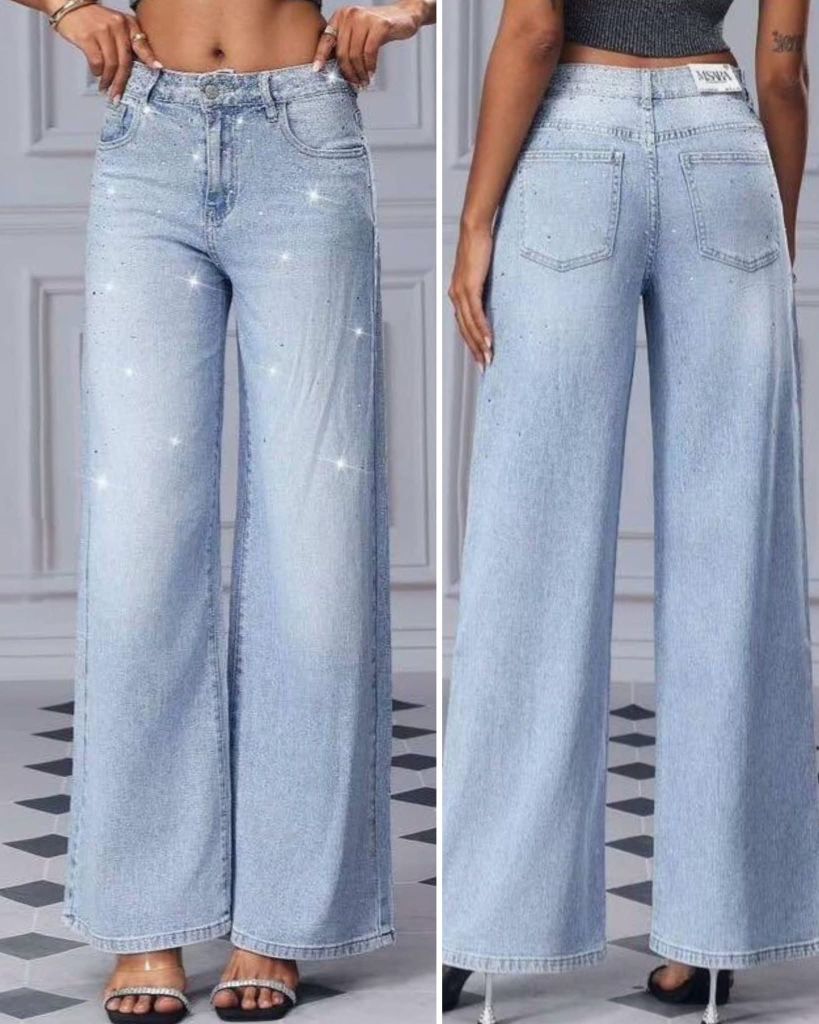 Široké jeans světle modré s kamínky 380kc 12ks