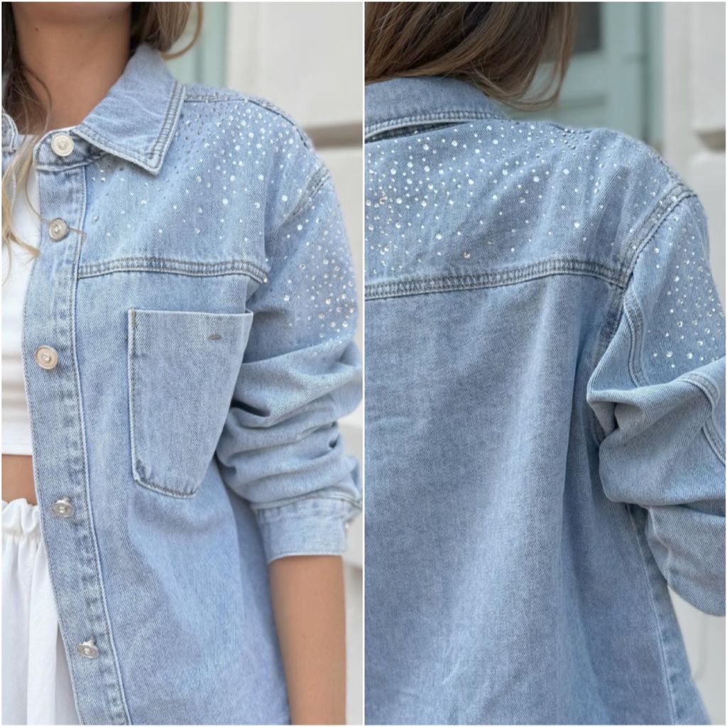 DŽÍNOVÁ BUNDA KOŠILOVÉHO STŘIHU S KAMÍNKY 380kc 12ks