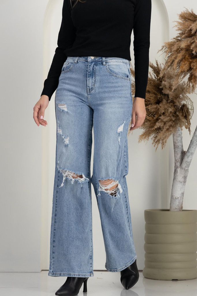 Široké dámské džíny s dírami 330kc 12ks