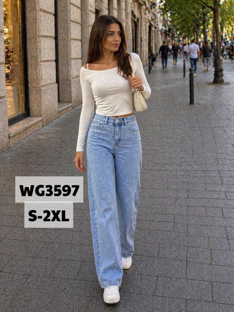 Široké jeans světle modré s kamínky 330kc 12ks