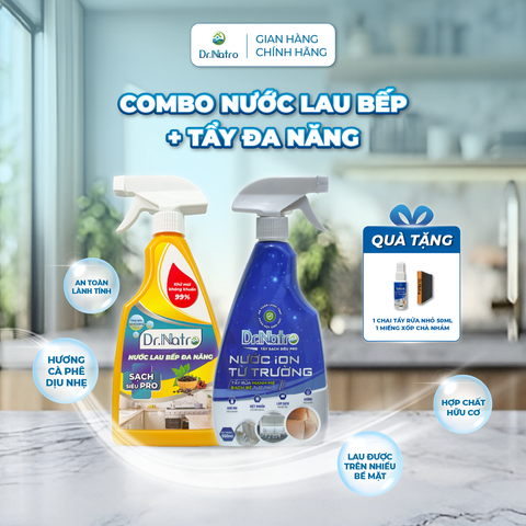 Combo Siêu Tẩy Đa Năng & Nước Lau Bếp Đa Năng DR.NATRO - Tặng kèm 1 Chai Tẩy Đa Năng 50ml + 1 Miếng Xốp Chà Nhám