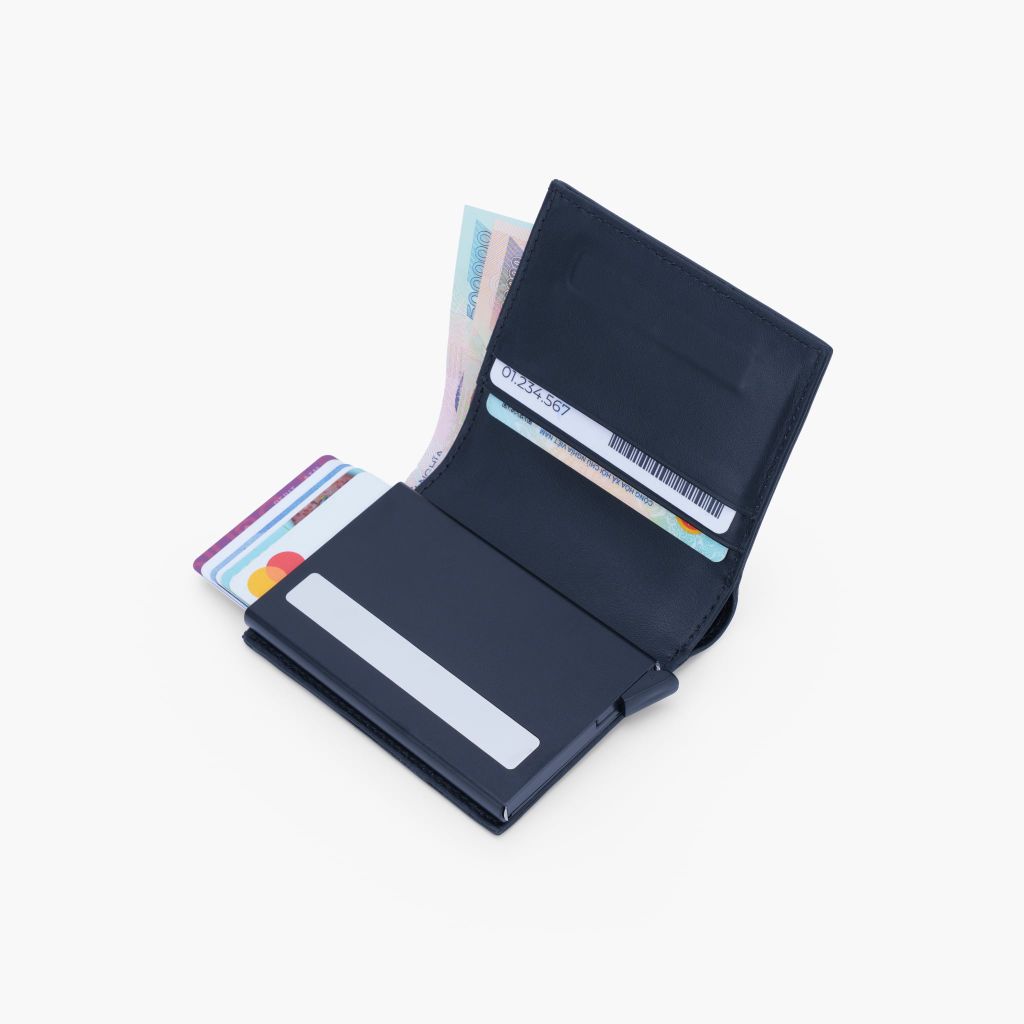 Ví da mini hộp thẻ dáng đứng gập đôi phối sọc chéo có công nghệ bảo mật RFID NVN-092