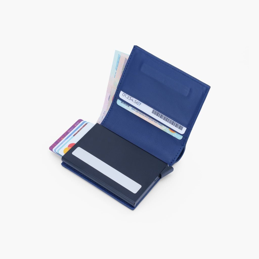 Ví da mini hộp thẻ dáng đứng gập đôi phối sọc chéo có công nghệ bảo mật RFID NVN-092