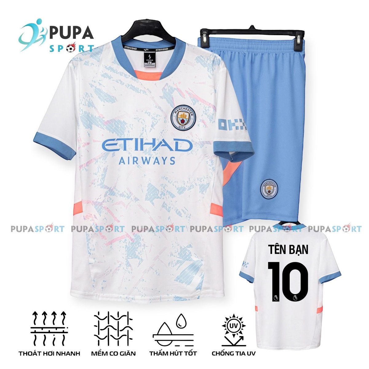 Áo Đá Bóng Man City Trắng Loang