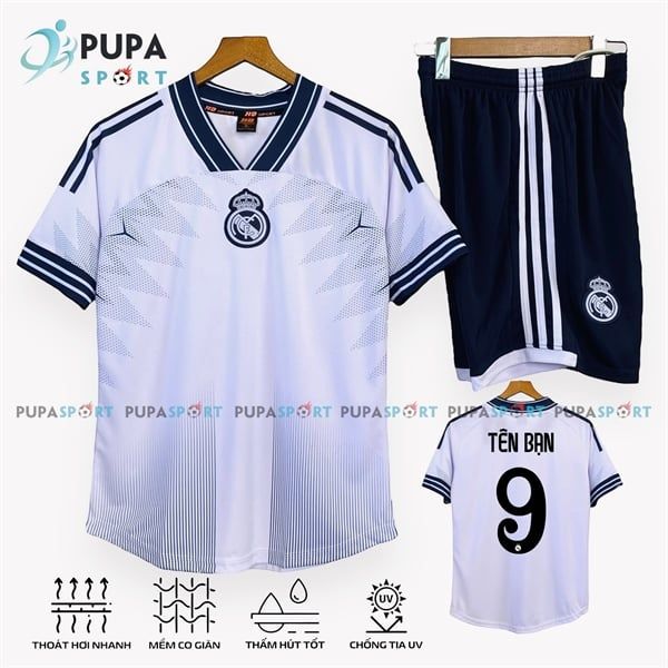 CLB REAL 2025 CỔ TYM vải mè Hàn HD- TRẮNG XANH LOGO GIỮA NGỰC