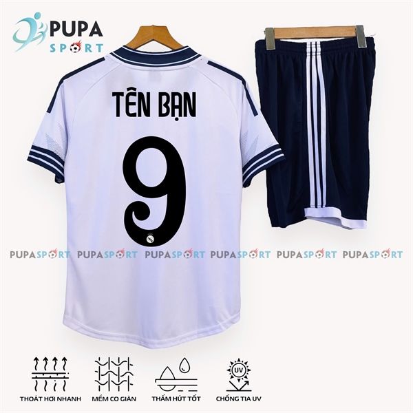 CLB REAL 2025 CỔ TYM vải mè Hàn HD- TRẮNG XANH LOGO GIỮA NGỰC