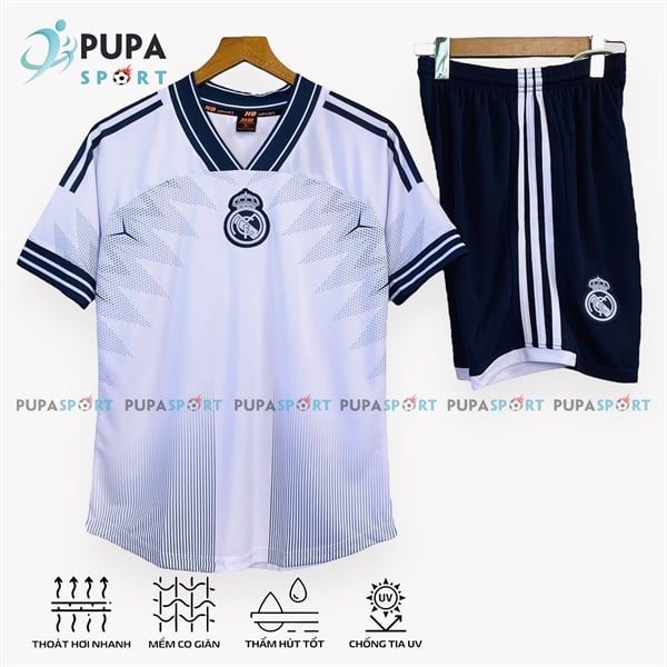 CLB REAL 2025 CỔ TYM vải mè Hàn HD- TRẮNG XANH LOGO GIỮA NGỰC