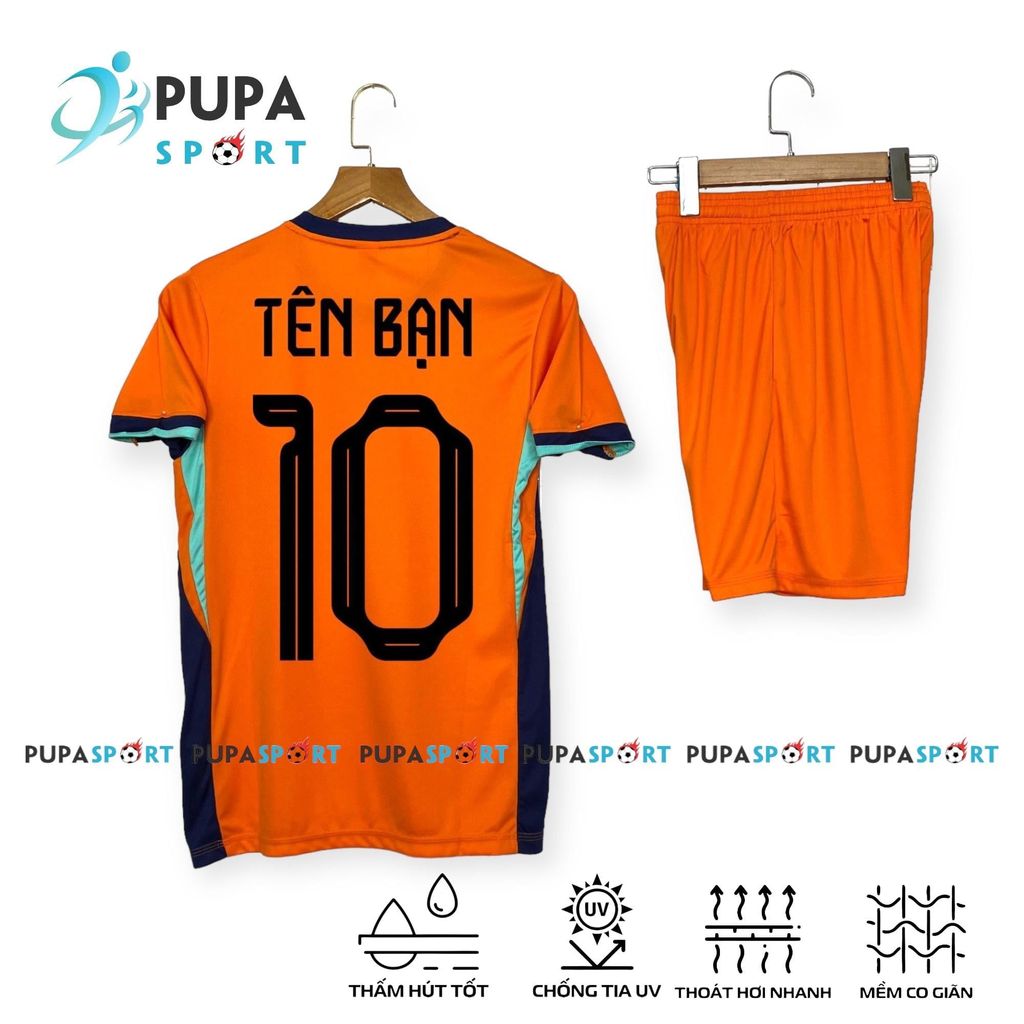 Bộ Đồ Đá Banh Jp, Hà Lan 2024 Cam, Vải Thun Lạnh Cao Cấp Cho Nam Nữ, Có In Tên Unisex Top Quần Sport