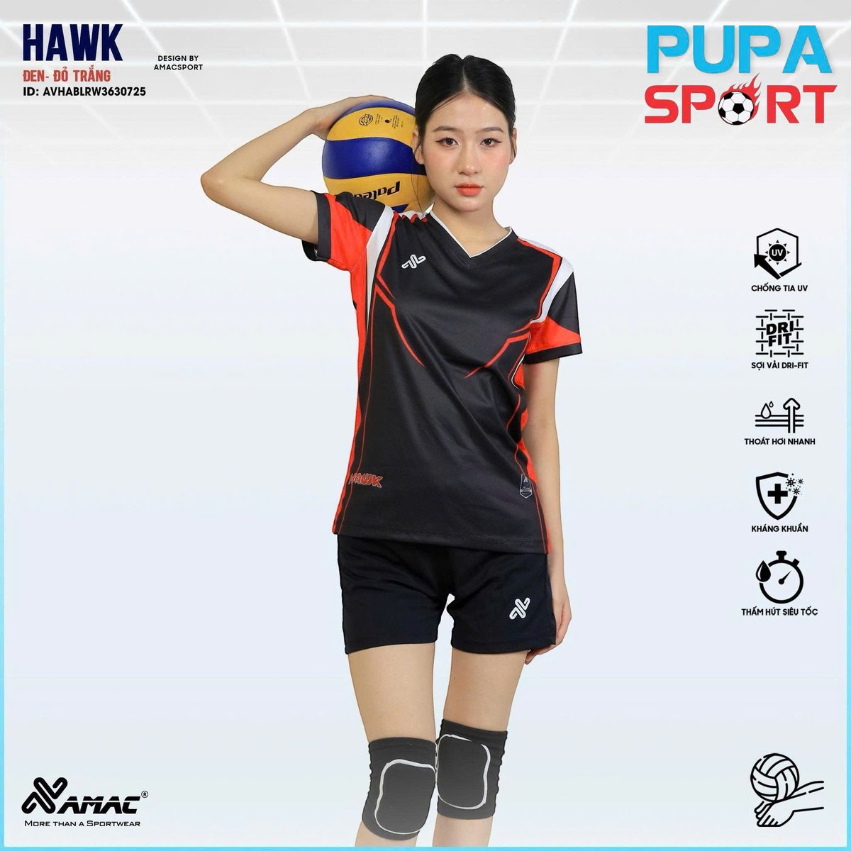 AMAC - BỘ BÓNG CHUYỀN - BC HAWK ( NỮ) - MÀU ĐEN ĐỎ