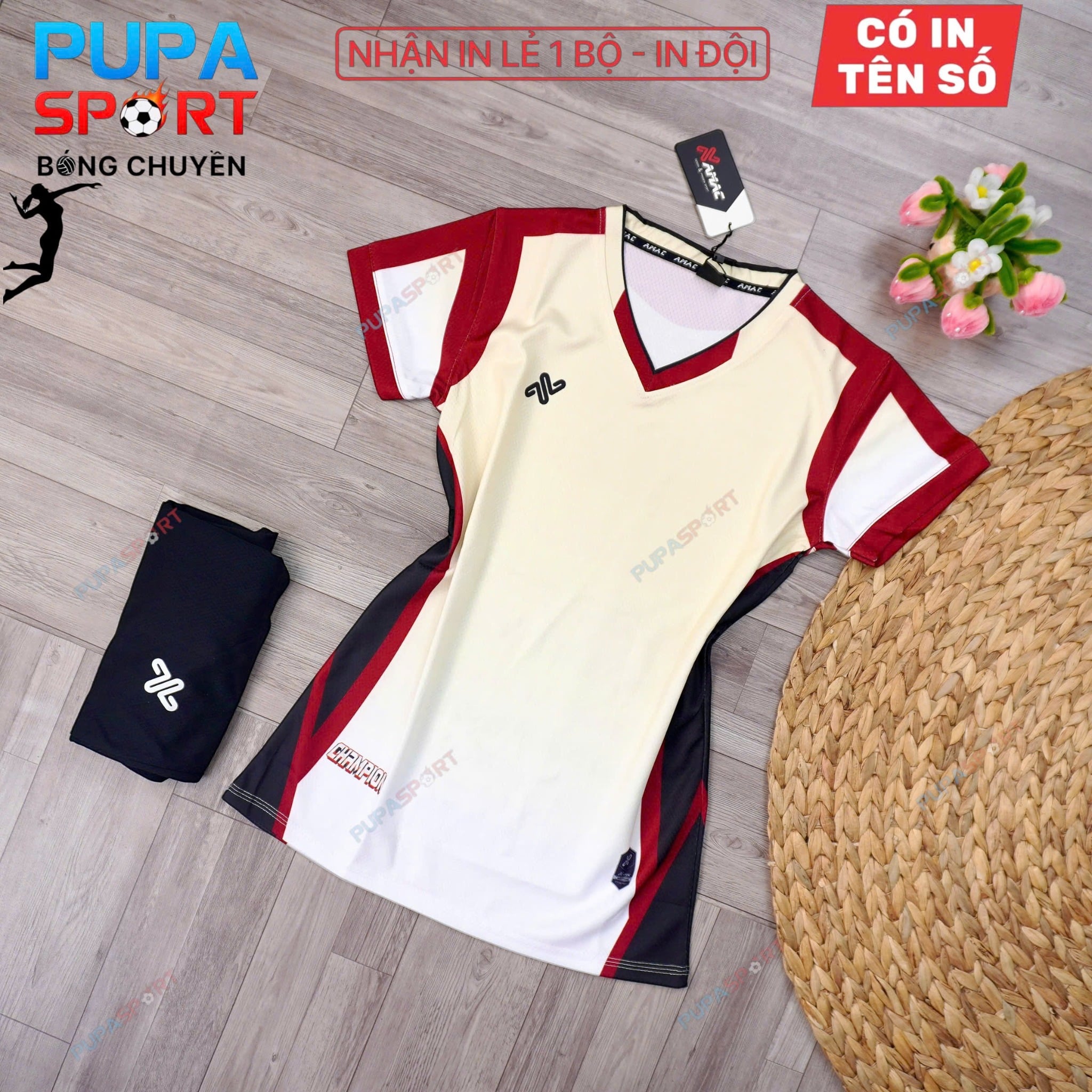 AMAC - BỘ BÓNG CHUYỀN - CHAMPION ( NỮ ) - MÀU BE ĐỎ