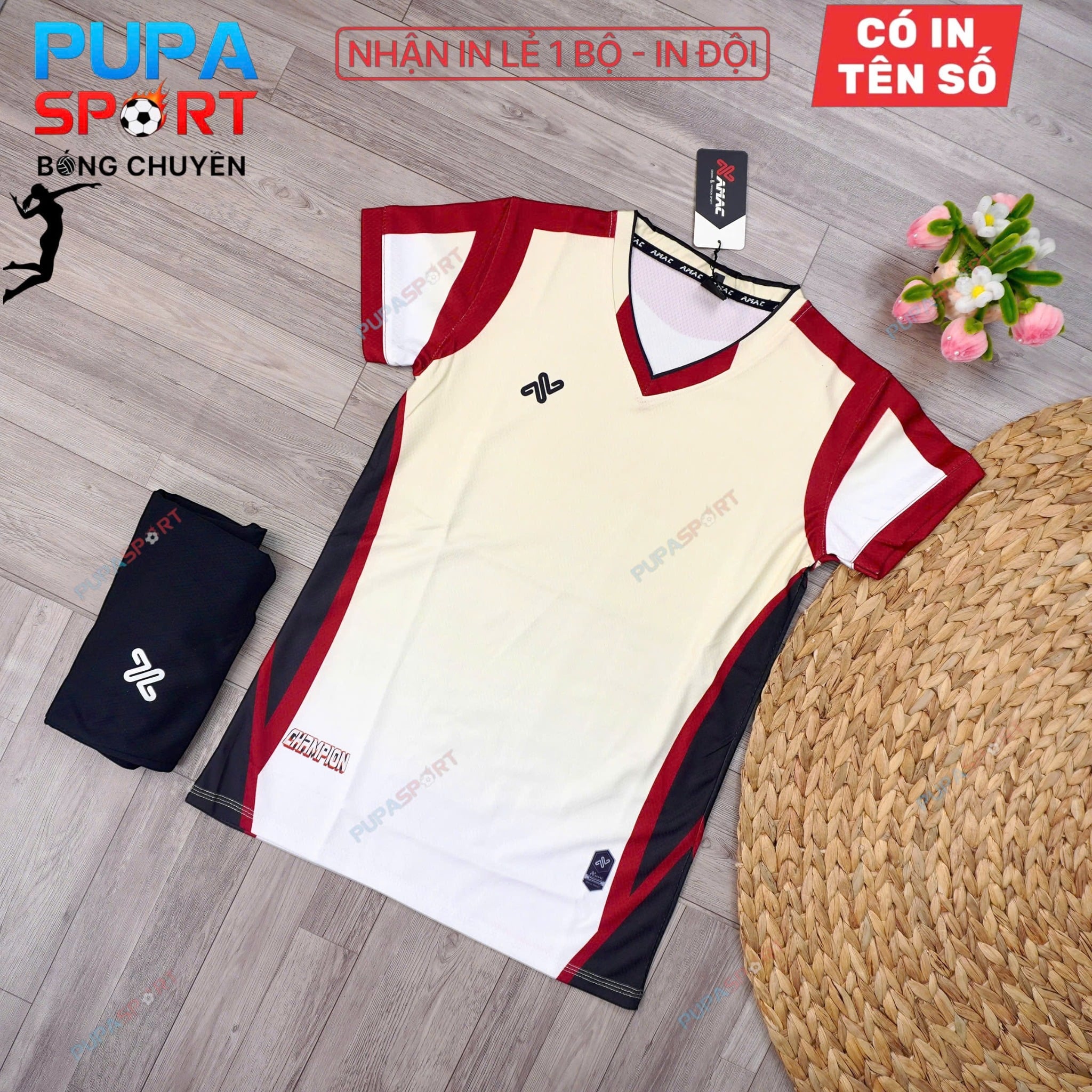 AMAC - BỘ BÓNG CHUYỀN - CHAMPION ( NAM ) - MÀU BE ĐỎ