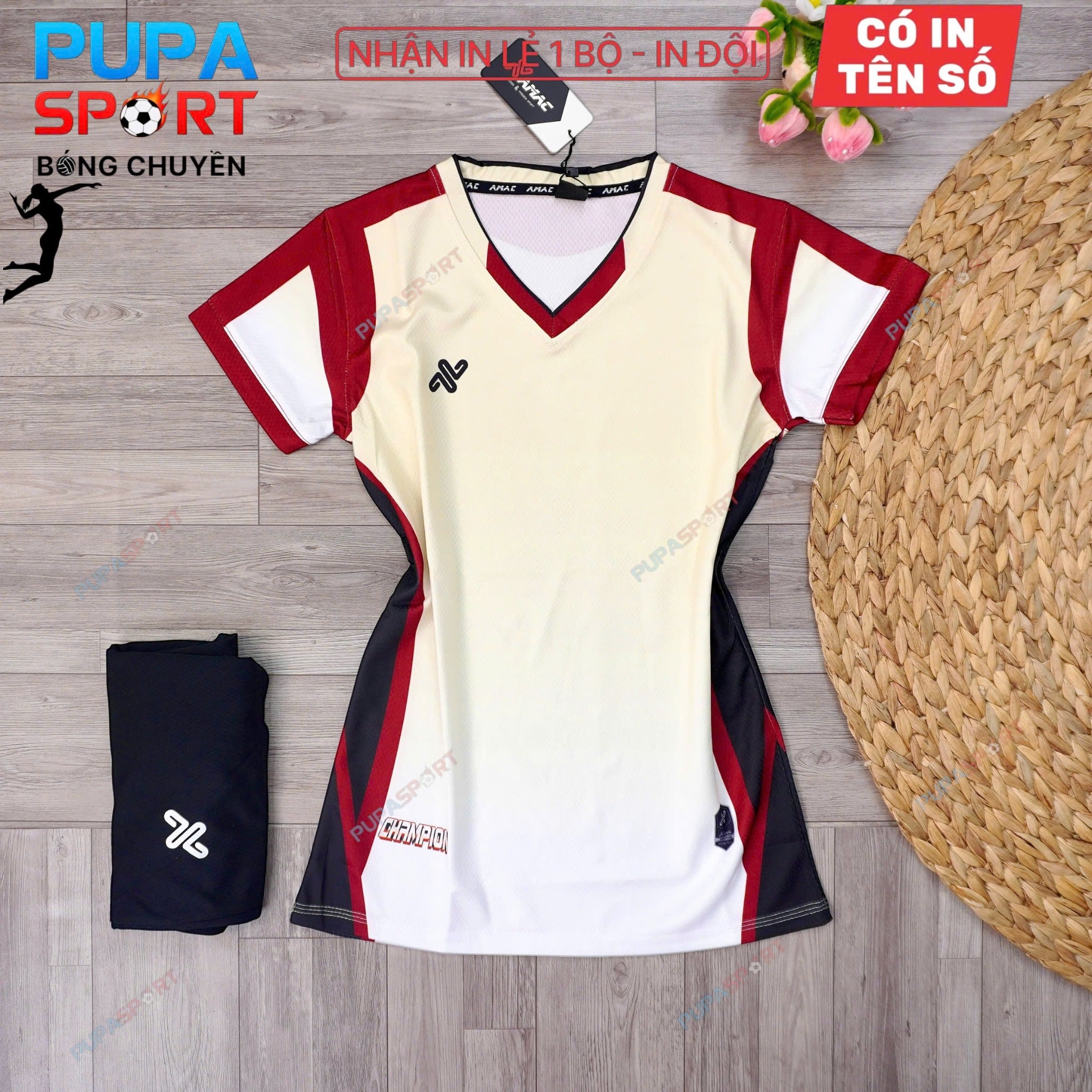 AMAC - BỘ BÓNG CHUYỀN - CHAMPION ( NỮ ) - MÀU BE ĐỎ