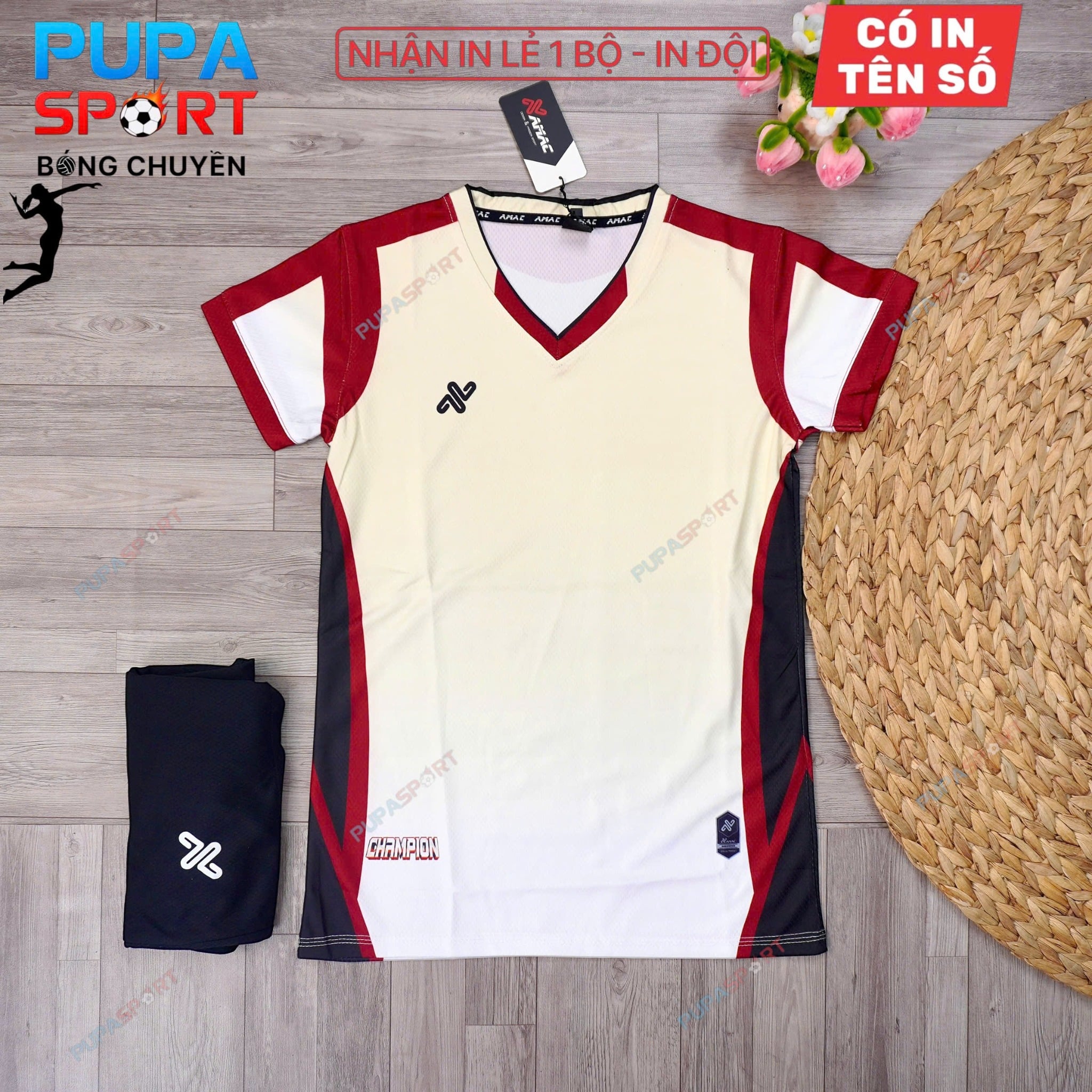 AMAC - BỘ BÓNG CHUYỀN - CHAMPION ( NAM ) - MÀU BE ĐỎ