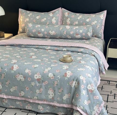 Bộ chăn ga gối lụa Lyocel Hàn Quốc - Ga chần bông đa năng hoa Bèo tây