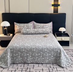 Bộ chăn ga gối lụa Lyocel Hàn Quốc - Ga chần bông đa năng hoa lá tre mix bản B tím khói