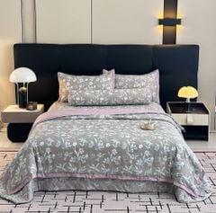Bộ chăn ga gối lụa Lyocel Hàn Quốc - Ga chần bông đa năng hoa lá tre mix bản B tím khói