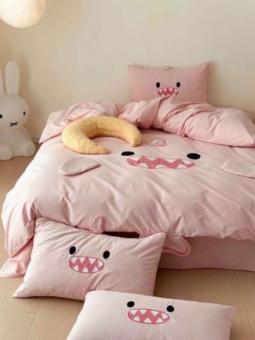 Bộ Chăn Ga Cotton Dành cho bé Hoạ tiết thêu Tinh linh Đáng Yêu mầu hồng Pink