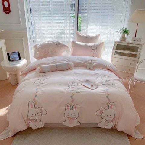 Bộ Chăn Ga Cotton Dành cho bé Hoạ tiết thêu thỏ bunny hồng
