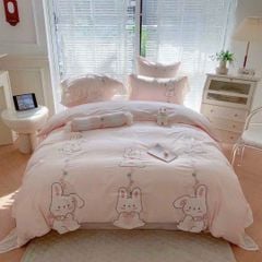 Bộ Chăn Ga Cotton Dành cho bé Hoạ tiết thêu thỏ bunny hồng