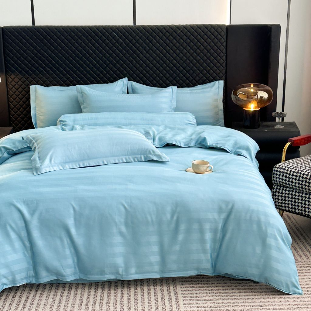 5Pcs Duvet Cover Set Hotel High density Glossy Silk Satin Turquoise